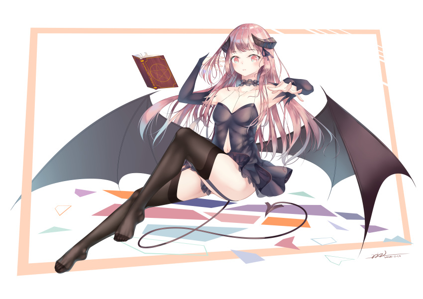 1girl absurdres black_legwear black_neckwear blush breasts brown_eyes brown_hair choker collarbone cosplay demon_girl demon_horns demon_tail demon_wings elbow_gloves fingerless_gloves garter_straps gloves hanazono_yurine highres horns jashin-chan_dropkick long_hair looking_at_viewer navel open_mouth shiny shiny_hair small_breasts solo tail thigh-highs wings