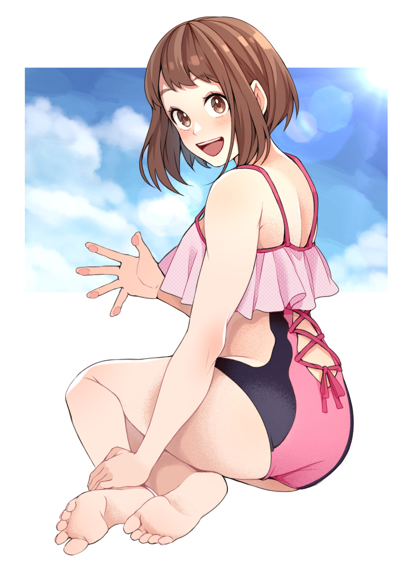 1girl absurdres ass bangs bare_arms bare_shoulders barefoot black_swimsuit blue_sky blush boku_no_hero_academia breasts brown_eyes brown_hair clouds cloudy_sky commentary_request day eyebrows_visible_through_hair from_behind highres kobaji large_breasts looking_at_viewer open_mouth pink_swimsuit short_hair sky smile soles solo swimsuit upper_teeth uraraka_ochako