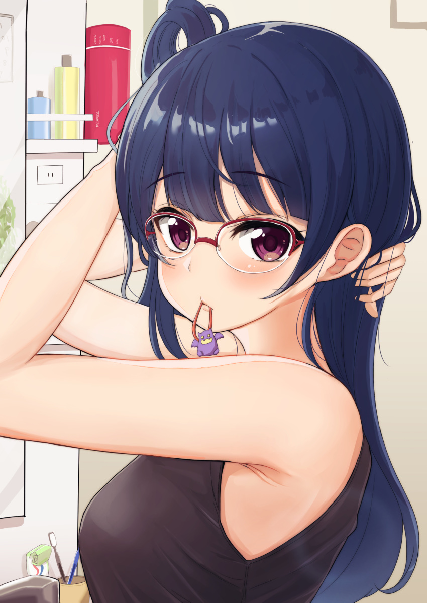 1girl armpits arms_up bangs bare_arms bare_shoulders bathroom bespectacled blunt_bangs blush breasts commentary_request cup electric_socket from_side glasses hair_tie hairdressing highres indoors looking_at_viewer looking_to_the_side love_live! love_live!_sunshine!! medium_breasts mouth_hold over-rim_eyewear red-framed_eyewear semi-rimless_eyewear sleeveless solo tank_top tatsumi432 toothbrush tsushima_yoshiko tying_hair upper_body