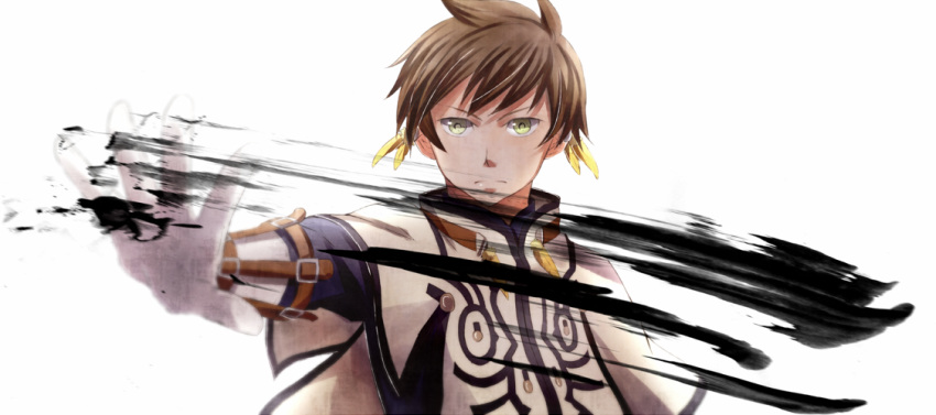 1boy blue_shirt brown_hair capelet feathers gloves hair_feathers long_sleeves looking_at_viewer male_focus mishiro_(andante) shiny shiny_hair shirt simple_background solo sorey_(tales) tales_of_(series) tales_of_zestiria white_background white_capelet white_gloves yellow_eyes yellow_feathers