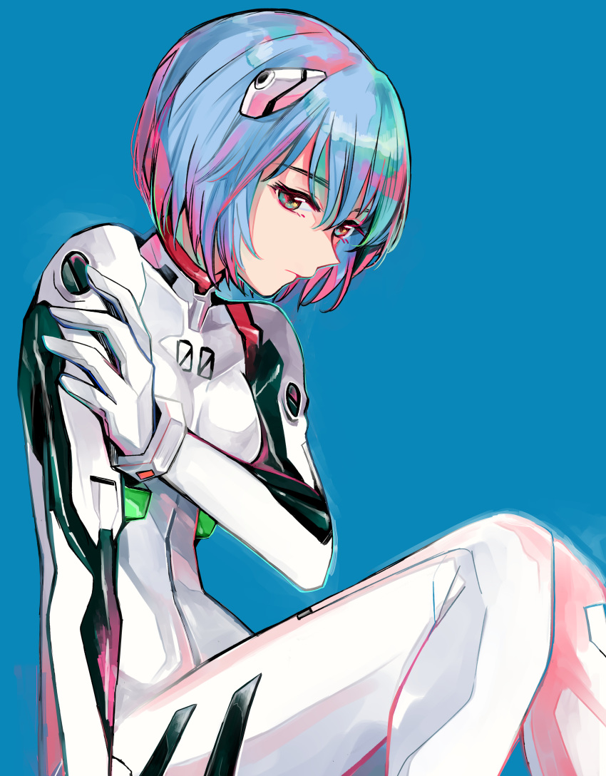 1girl absurdres ayanami_rei blue_background blue_hair bodysuit breasts brown_eyes gloves hand_on_own_arm hand_up highres looking_at_viewer neon_genesis_evangelion plugsuit richard_(ri39p) short_hair simple_background sitting small_breasts solo white_bodysuit white_gloves