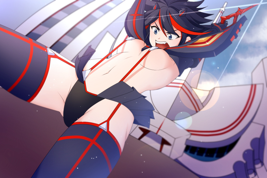 1girl arms_up bangs black_hair boots breasts clouds commentary_request day eyelashes glint gloves highres holding holding_weapon kill_la_kill lens_flare matoi_ryuuko microskirt multicolored_hair navel open_mouth outdoors pleated_skirt redhead revealing_clothes scissor_blade senketsu short_hair skirt sky solo sorato_watari streaked_hair suspenders teeth thigh-highs thigh_boots tongue two-tone_hair under_boob upper_teeth v-shaped_eyebrows weapon