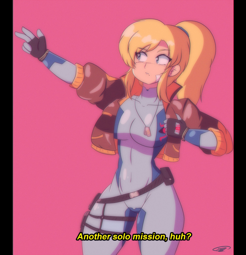 1980s_(style) 1girl belt belt_pouch blue_bodysuit blue_eyes bodysuit bomber_jacket breasts brown_jacket commentary dog_tags english_commentary english_text highres jacket long_hair metroid mole mole_under_mouth oldschool peachyboi pink_background ponytail popped_collar pouch samus_aran solo subtitled thigh_pouch vhs_artifacts windowboxed zero_suit