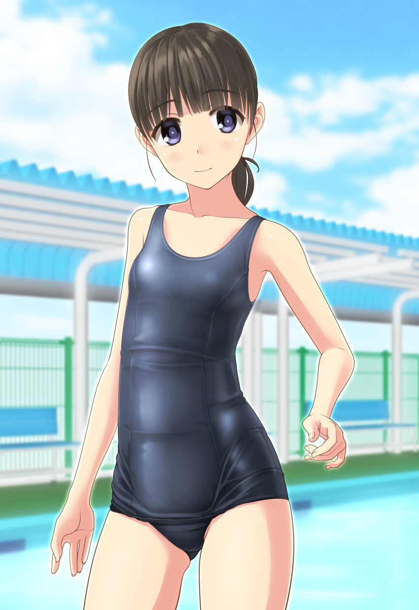 1girl absurdres bangs bench black_hair blue_eyes blue_sky blunt_bangs clouds commentary_request contrapposto day flat_chest grey_swimsuit highres long_hair looking_at_viewer low_ponytail old_school_swimsuit original outdoors pence pool school_swimsuit sky solo standing swimsuit takafumi