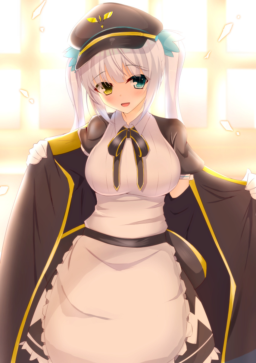 1girl absurdres blush breasts cape commentary_request growing_naru hat heterochromia highres jacket kagura_mea kagura_mea_channel large_breasts looking_at_viewer military_hat open_mouth silver_hair solo twintails virtual_youtuber window
