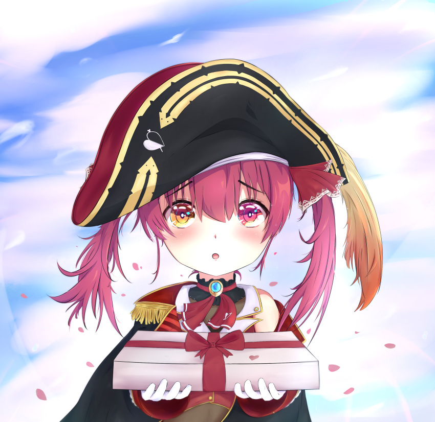 1girl :o absurdres bangs black_coat black_headwear blush brooch buttons child coat exposed_shoulders eyebrows_visible_through_hair gloves gold_trim hair_ornament hair_ribbon hat heterochromia high_resolution highres hololive houshou_marine jewelry little_girl loli long_hair long_sleeves looking_at_viewer marine_ch. no_eyepatch open_clothes open_coat open_mouth orange_eyes pirate_hat pugpuggy red_eyes red_ribbon red_shirt redhead ribbon shirt sleeveless sleeveless_shirt solo tied_hair twintails very_high_resolution virtual_youtuber