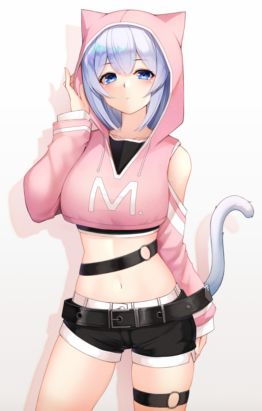 1girl :o absurdres animal_ears bangs bare_shoulders belt belt_buckle black_shirt black_shorts blue_eyes blush buckle cat_ears cat_tail clothes_writing collarbone cowboy_shot crop_top crop_top_overhang detached_sleeves drawstring eyebrows_visible_through_hair fake_animal_ears hand_up highres hood hood_up huge_filesize long_sleeves looking_at_viewer maemi_(maemi12) medium_hair midriff navel o-ring original parted_lips pink_hoodie shirt short_hair short_shorts shorts shoulder_cutout silver_hair simple_background skindentation solo standing stomach strap tail thigh_strap thighs undershirt white_background