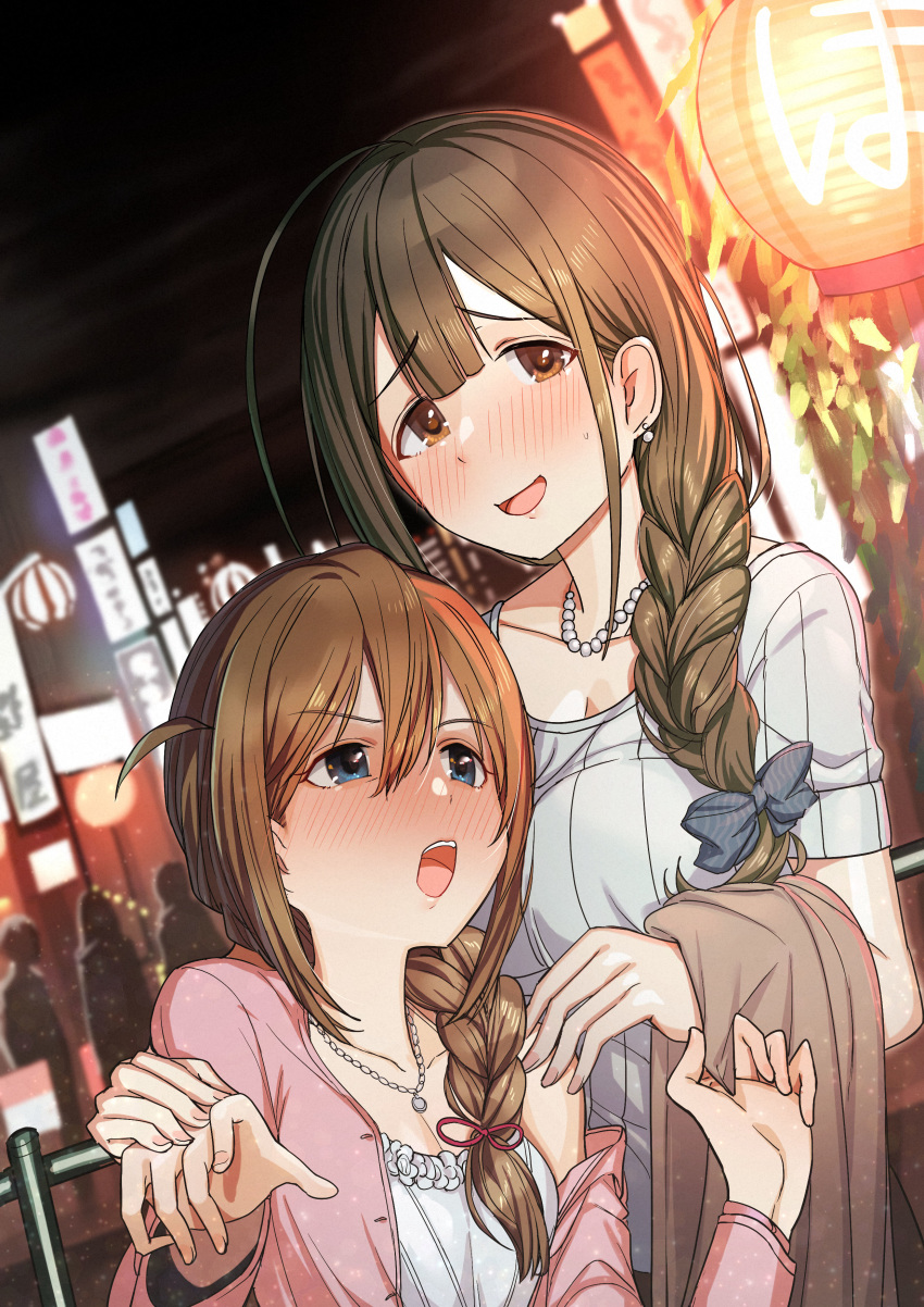 2girls absurdres ahoge baba_konomi blue_eyes blush bow braid breasts brown_eyes brown_hair collarbone commentary_request drunk dutch_angle earrings hair_bow hair_over_shoulder height_difference highres idolmaster idolmaster_million_live! idolmaster_shiny_colors jewelry kuwayama_chiyuki lantern large_breasts long_sleeves looking_at_another looking_at_viewer multiple_girls necklace night open_mouth outdoors paper_lantern pearl_earrings pearl_necklace ribbed_sweater short_sleeves single_braid suzuki_puramo sweater