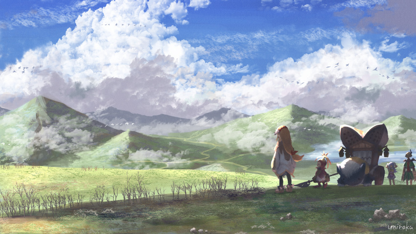 animal artist_name bird black_legwear blue_hair blue_sky boots brown_footwear brown_hair character_request clouds cloudy_sky commentary_request day dress facing_away final_fantasy final_fantasy_crystal_chronicles green_capelet hair_ribbon halberd highres long_hair long_sleeves low-tied_long_hair monster mountain outdoors pantyhose polearm puffy_long_sleeves puffy_sleeves red_ribbon ribbon signature sky standing umiroku very_long_hair weapon white_dress