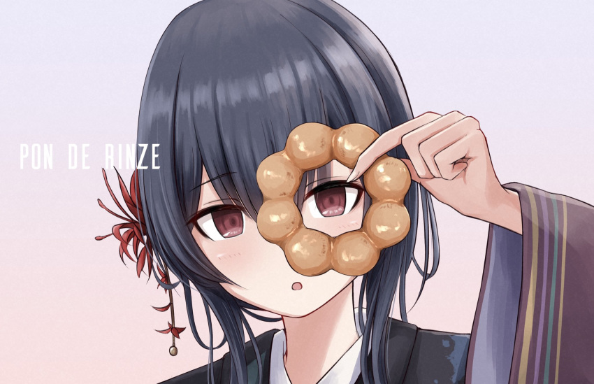 1girl bangs black_hair close-up commentary_request doughnut flower food hair_flower hair_ornament highres holding holding_food idolmaster idolmaster_shiny_colors japanese_clothes kata2yama kimono long_hair morino_rinze pon_de_ring red_eyes simple_background solo