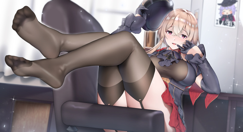 1girl absurdres black_dress black_legwear blue_oath buta_tamako character_request couch dress feet feet_on_chair feet_up gloves hat highres looking_at_viewer medium_hair military military_hat military_uniform portrait_(object) red_eyes smile thigh-highs toes uniform