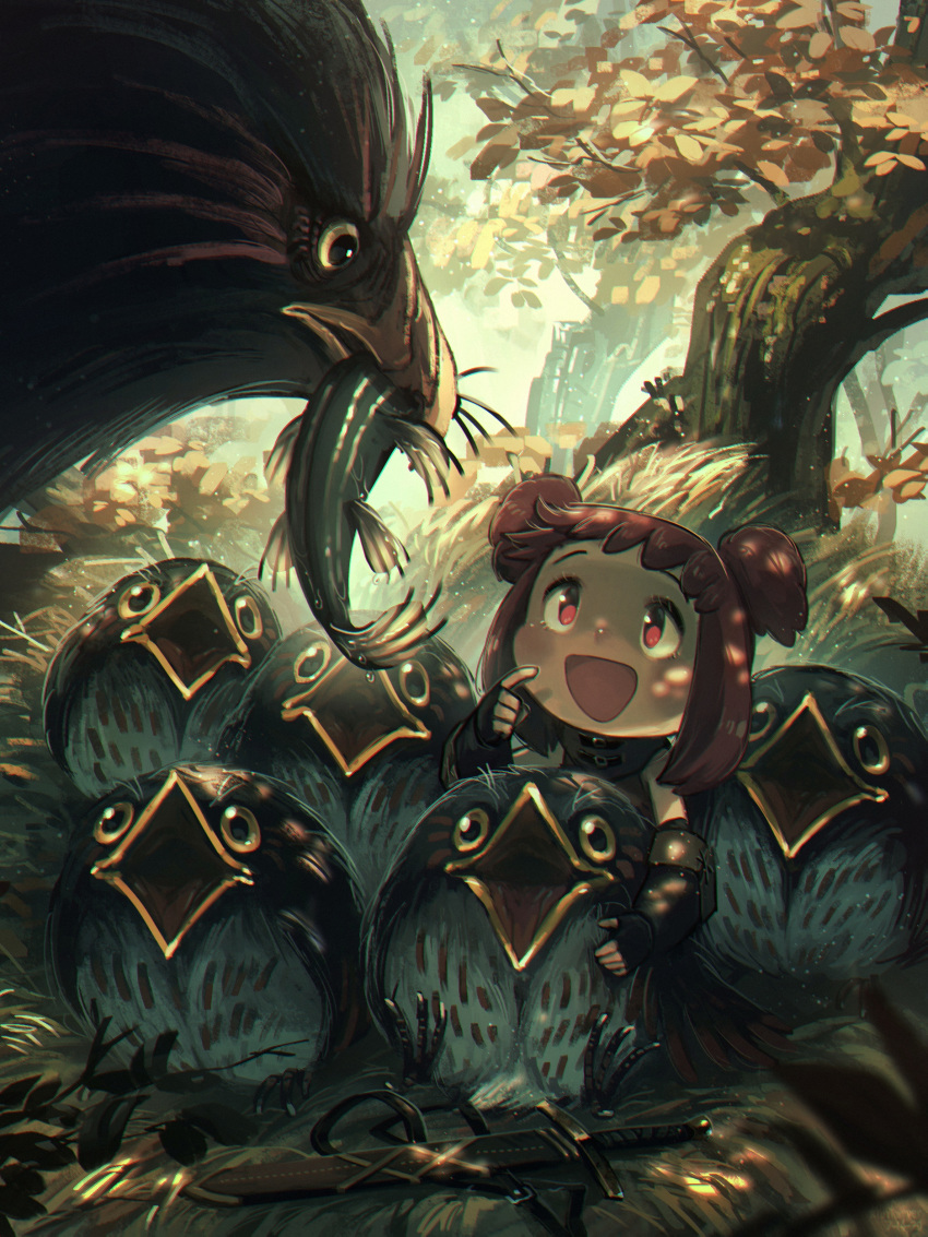 1girl :d absurdres beak bird chick dullahan english_commentary feathers fingerless_gloves fish gloves highres looking_at_another nest open_mouth original porforever red_eyes redhead short_twintails sitting smile sword tree twintails weapon