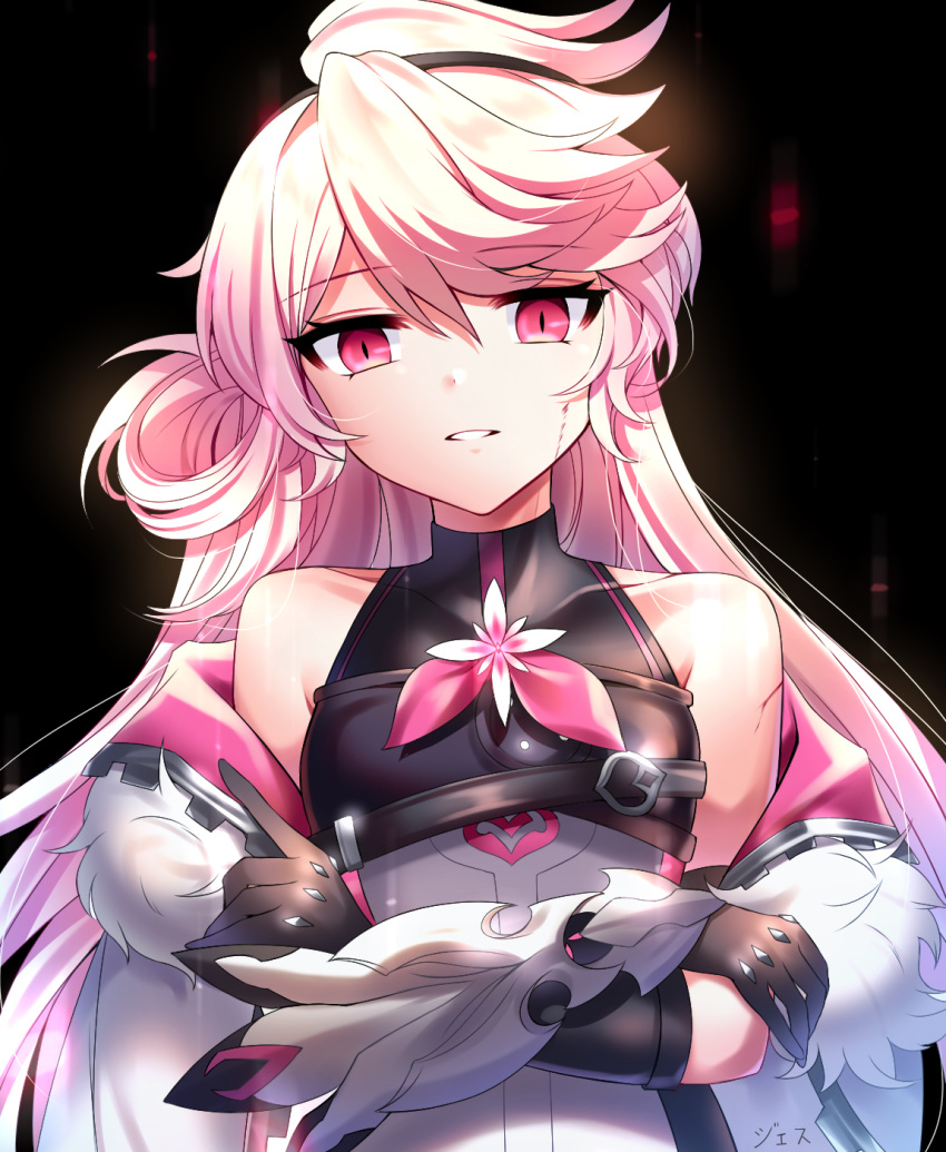 bangs bare_shoulders black_background black_gloves black_leotard breasts collarbone commentary covered_collarbone crossed_arms elbow_gloves elsword eternity_winner_(elsword) eyebrows_visible_through_hair gloves hair_between_eyes highres laby_(elsword) leotard long_hair looking_at_viewer parted_lips pink_hair red_eyes small_breasts upper_body vambraces xes_(xes_5377)