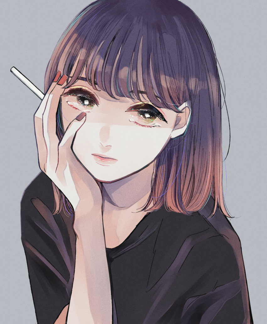 1girl absurdres black_shirt brown_hair cigarette eyebrows_behind_hair grey_background hand_on_own_cheek highres holding holding_cigarette looking_at_viewer medium_hair original red_nails richard_(ri39p) shirt short_sleeves simple_background solo tearing_up upper_body