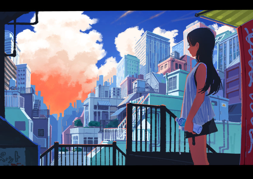 1girl bare_shoulders black_hair blue_sky bottle city clouds commentary_request highres long_hair original sky solo tank_top window1228