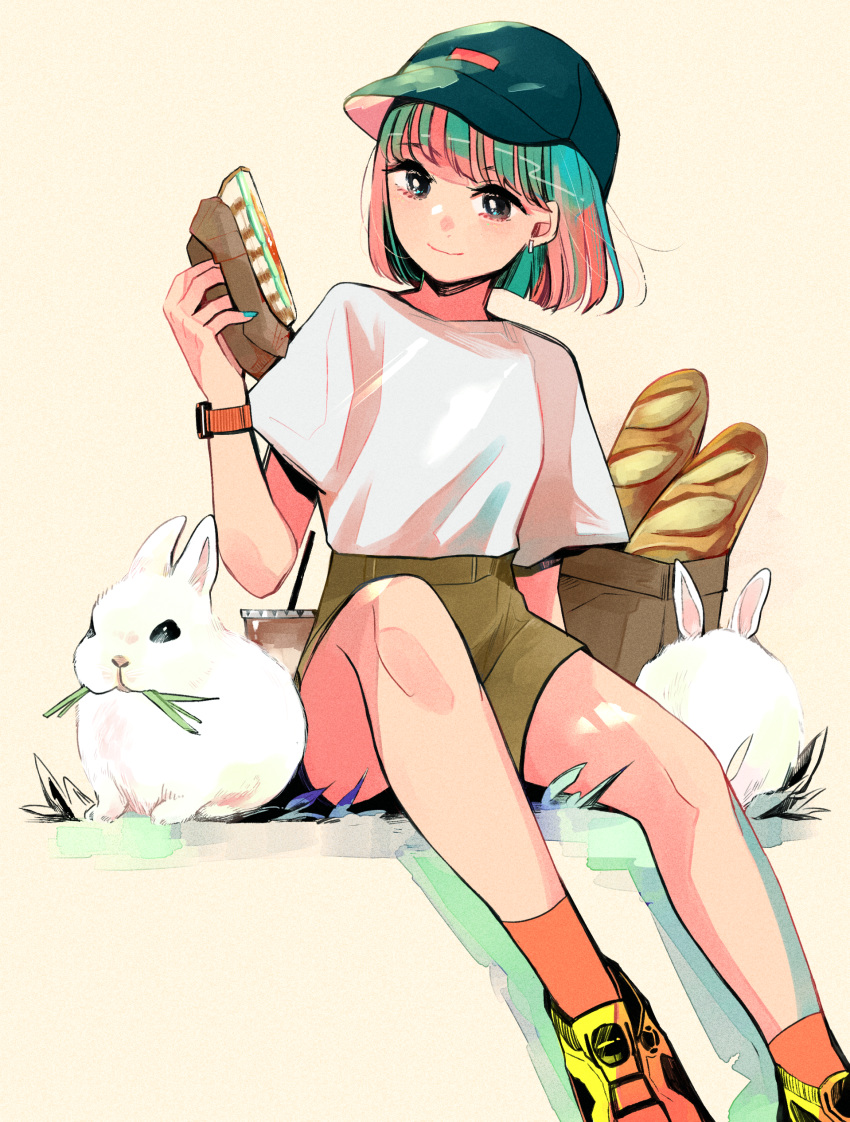 1girl absurdres baguette baseball_cap beige_background black_headwear blue_nails bob_cut bread brown_shorts cup disposable_cup drinking_straw earrings food grass green_hair hat highres jewelry mouth_hold orange_legwear original rabbit richard_(ri39p) shirt shoes short_hair short_sleeves shorts simple_background sitting smile sneakers watch watch white_shirt