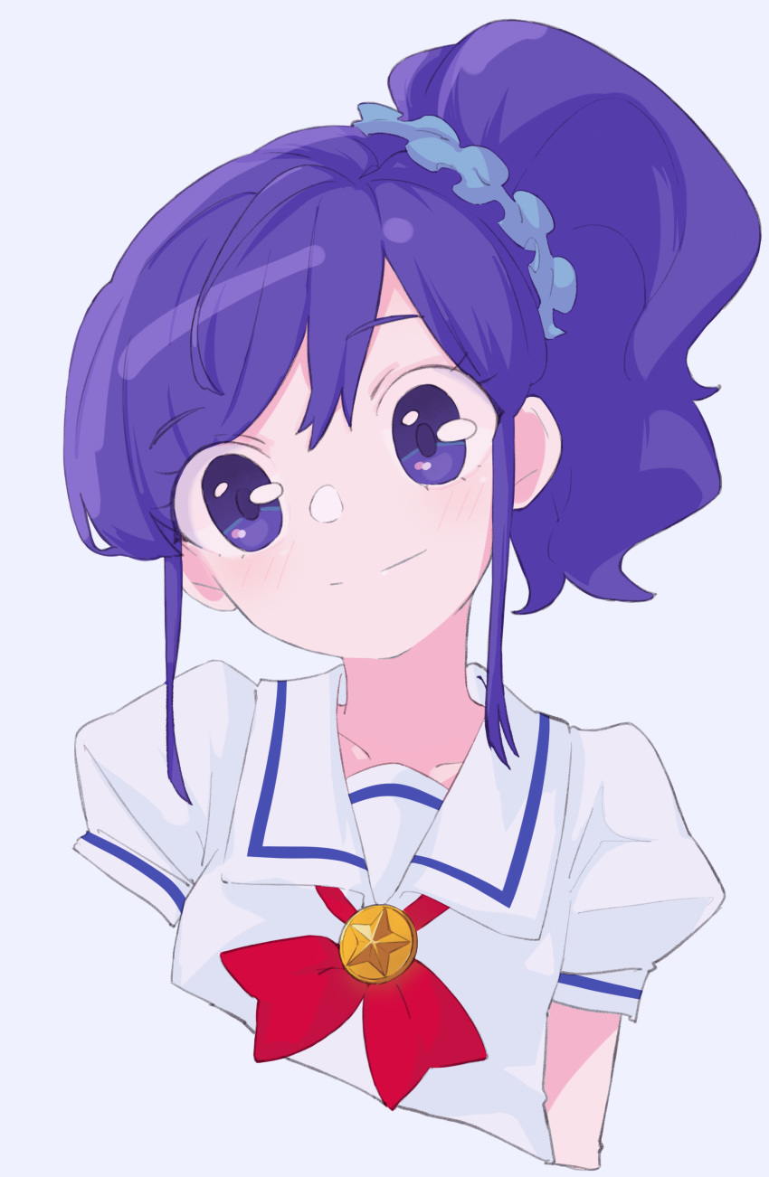 1girl absurdres aikatsu! aikatsu!_(series) aimrsk037 bangs blue_eyes blue_hair blue_scrunchie closed_mouth eyebrows_visible_through_hair hair_ornament hair_scrunchie head_tilt highres kiriya_aoi looking_at_viewer puffy_short_sleeves puffy_sleeves scrunchie shirt short_sleeves side_ponytail simple_background smile solo starlight_academy_uniform white_background white_shirt