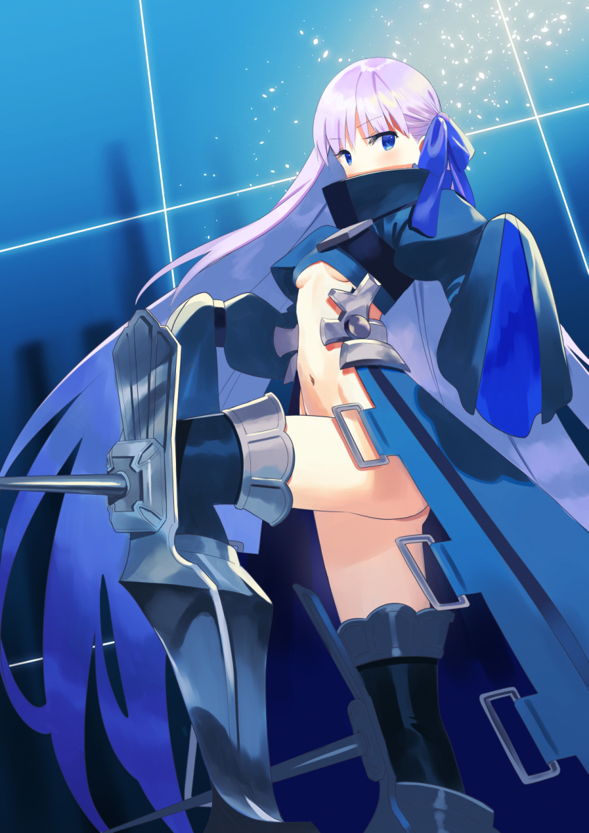 1girl armored_boots bangs black_jacket blue_eyes blue_ribbon blush boots breasts cropped_jacket crotch_plate fate/extra fate/extra_ccc fate_(series) hair_ribbon high_collar highres jacket long_hair long_sleeves looking_at_viewer meltryllis navel prosthesis prosthetic_leg purple_hair ribbon sleeves_past_fingers sleeves_past_wrists small_breasts very_long_hair zenshin