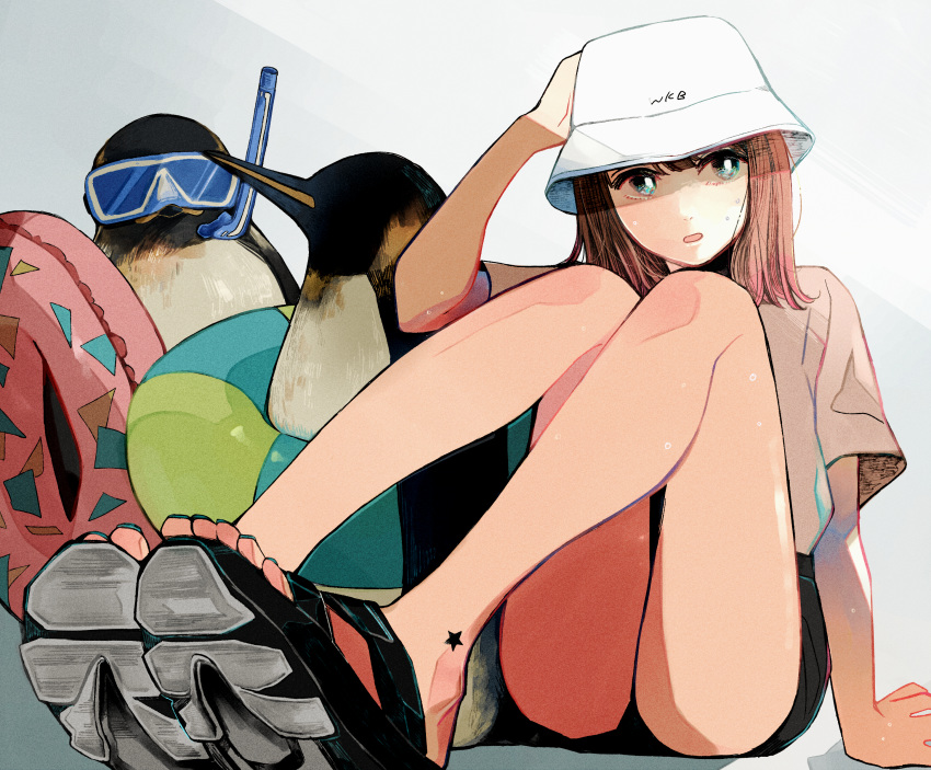 1girl absurdres bird blue_eyes brown_hair full_body grey_background hand_on_headwear hand_up hat highres huge_filesize innertube knees_up medium_hair original penguin richard_(ri39p) sandals short_sleeves simple_background sitting snorkel solo tattoo toes white_headwear