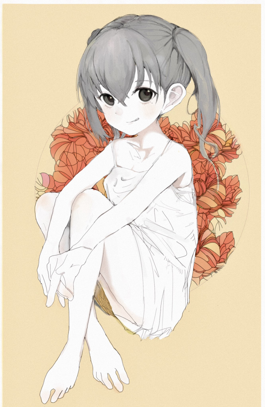 1girl arm_on_knee bangs bare_legs barefoot blush body_blush border breasts camisole character_request collarbone crossed_ankles crossed_bangs dot_nose eyebrows_visible_through_hair film_grain full_body grey_eyes grey_hair grin hair_between_eyes highres idolmaster idolmaster_cinderella_girls interlocked_fingers knees_up lnly_mouse medium_breasts medium_hair no_pants orange_background parted_hair perky_breasts sharp_teeth sitting smile smirk solo spaghetti_strap teeth thighs twintails white_border white_camisole white_skin