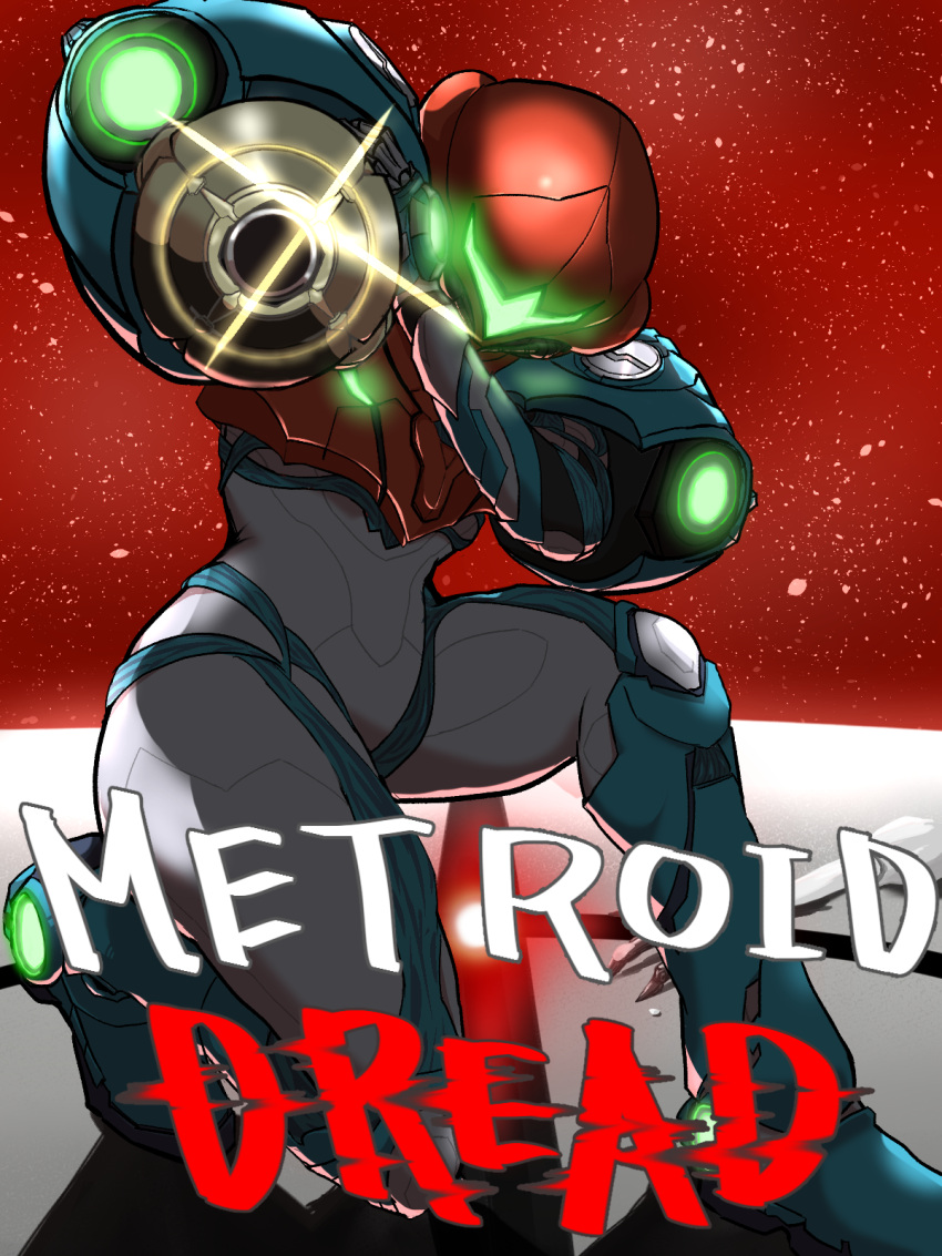 1girl arm_cannon armor glowing helmet highres looking_at_viewer metroid metroid_dread power_armor roubay samus_aran science_fiction sidelocks simple_background solo upper_body varia_suit visor weapon