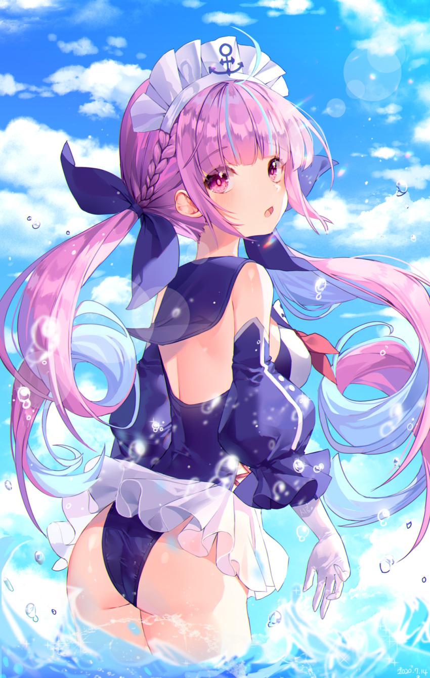 1girl ahoge albinoraccoon anchor_symbol ass bangs bare_shoulders blue_hair blue_ribbon blue_sky blue_swimsuit blush braid breasts clouds cloudy_sky commentary_request day detached_sleeves eyebrows_visible_through_hair from_behind gloves hair_ribbon highres hololive long_hair long_sleeves looking_at_viewer looking_back maid_headdress medium_breasts minato_aqua multicolored_hair ocean one-piece_swimsuit open_mouth outdoors purple_hair ribbon sky smile solo swimsuit twintails two-tone_hair violet_eyes virtual_youtuber water wet