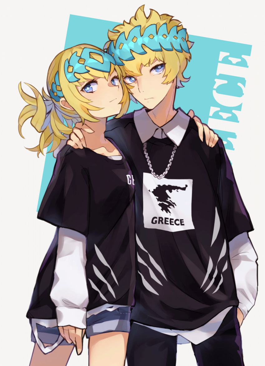1boy 1girl alternate_costume black_pants black_shirt blonde_hair blue_eyes brother_and_sister castor_(fate/grand_order) closed_mouth collarbone commentary_request diadem eyebrows_visible_through_hair fate/grand_order fate_(series) greece gyukaku400 hair_between_eyes hair_ornament hand_in_pocket hand_on_another's_shoulder highres jewelry long_sleeves looking_at_viewer map_print necklace pants pollux_(fate/grand_order) shirt short_hair short_shorts shorts siblings twins white_shirt