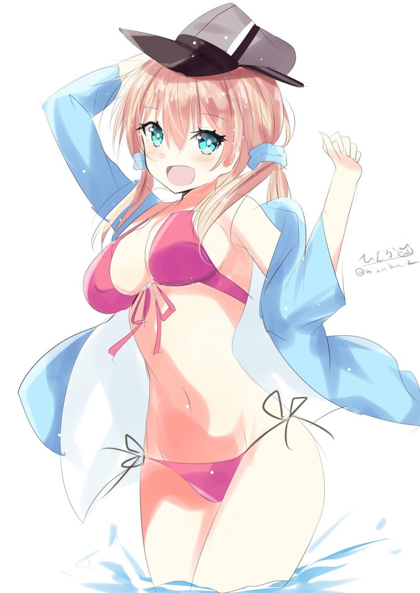 1girl alternate_costume aqua_eyes arm_up bikini blonde_hair blue_jacket blush breasts eyebrows_visible_through_hair hair_between_eyes hair_ornament hat highres hizaka jacket kantai_collection large_breasts long_hair long_sleeves looking_at_viewer low_twintails navel open_mouth peaked_cap pink_bikini prinz_eugen_(kantai_collection) smile solo swimsuit thighs twintails twitter_username water white_background