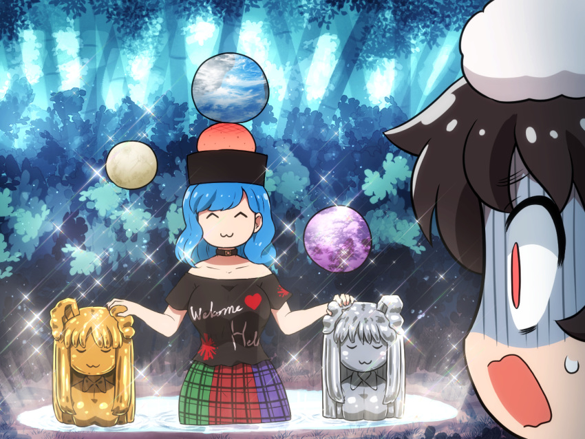 2girls :3 ^_^ animal_ears bamboo bamboo_forest black_shirt blue_hair brown_hair closed_eyes clothes_writing earth_(ornament) forest head_bump hecatia_lapislazuli hecatia_lapislazuli_(earth) honest_axe in_water inaba_tewi moon_(ornament) multicolored multicolored_clothes multicolored_skirt multiple_girls nature off-shoulder_shirt off_shoulder open_mouth plaid plaid_skirt polos_crown rabbit_ears red_eyes reisen_udongein_inaba shaded_face shirosato shirt short_hair skirt sparkle standing statue sweatdrop symbol_commentary t-shirt touhou