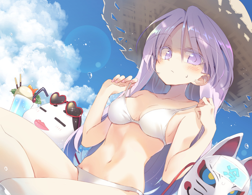 1girl bare_arms bare_legs bare_shoulders bendy_straw bikini blue_sky breasts brown_headwear closed_mouth clouds cup day drinking_glass drinking_straw dutch_angle expressionless food fox_mask hat hata_no_kokoro heart heart-shaped_eyewear highres lens_flare long_hair looking_at_viewer mask medium_breasts navel outdoors pocky purple_hair satou_kibi sitting sky solo straw_hat summer sunglasses sweat swimsuit touhou violet_eyes white_bikini