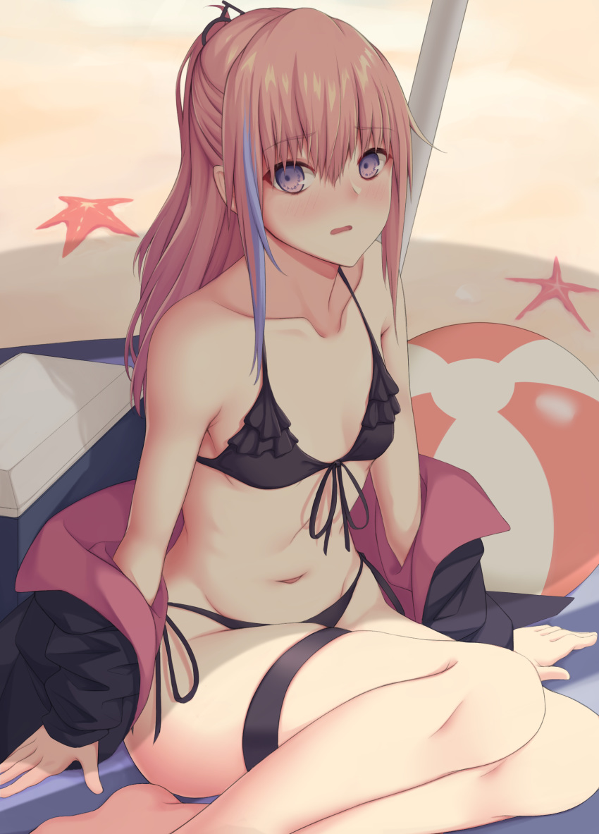 1girl absurdres act_(xadachit) ball bangs bare_shoulders beachball bikini black_bikini blue_hair blush collarbone english_commentary eyebrows_visible_through_hair flat_chest girls_frontline hair_between_eyes hair_ornament highres jacket_partially_removed looking_at_viewer midriff multicolored_hair navel parted_lips pink_hair side-tie_bikini sidelocks sitting solo st_ar-15_(girls_frontline) starfish stomach streaked_hair swimsuit thigh_strap violet_eyes