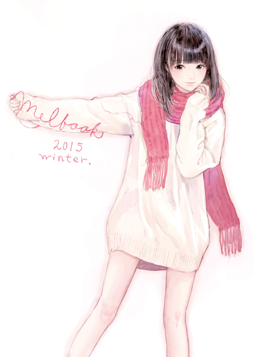1girl absurdres bangs bare_legs black_eyes black_hair blunt_bangs highres kishida_mel long_hair long_sleeves looking_at_viewer original oversized_clothes oversized_shirt pink_scarf scarf shirt sleeves_past_wrists solo sweater white_background white_sweater