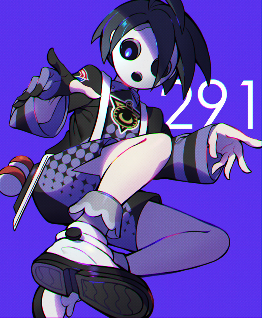 1boy ahoge black_hair collared_shirt commentary gloves grey_legwear gym_leader highres long_sleeves looking_at_viewer looking_down male_focus mask mohazzing number onion_(pokemon) poke_ball poke_ball_(basic) pokemon pokemon_(game) pokemon_swsh print_shirt print_shorts purple_background shirt shoes shorts single_glove socks solo spread_fingers suspender_shorts suspenders violet_eyes white_footwear