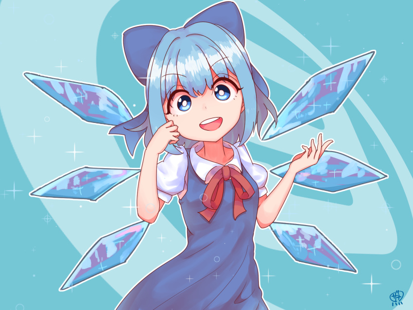 (9) 1girl arms_up bangs blue_background blue_dress blue_eyes blue_hair breasts bright_pupils cirno commentary contrapposto cowboy_shot dress eyebrows_visible_through_hair hair_ribbon hand_on_own_cheek head_tilt highres number_background open_mouth pinafore_dress puffy_short_sleeves puffy_sleeves red_neckwear red_ribbon ribbon shirt short_hair short_sleeves signature small_breasts solo sparkle standing touhou upper_teeth white_pupils white_shirt wings zanasta0810