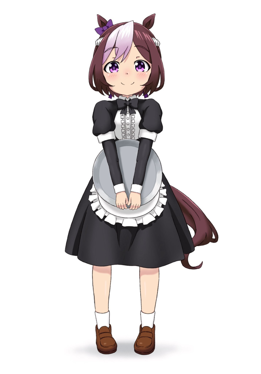 1girl alternate_costume animal_ears apron bangs black_dress black_neckwear bow bowtie brown_footwear closed_mouth collared_dress commentary dress ear_ribbon enmaided eyebrows_visible_through_hair frilled_apron frills full_body hachimaki headband highres holding holding_tray horse_ears horse_girl horse_tail juliet_sleeves kumaji_(kumazidayo) loafers long_sleeves looking_at_viewer maid medium_dress multicolored_hair puffy_sleeves purple_bow shoes short_hair simple_background smile socks solo special_week standing tail tray two-tone_hair umamusume violet_eyes waist_apron white_background white_headband white_legwear younger