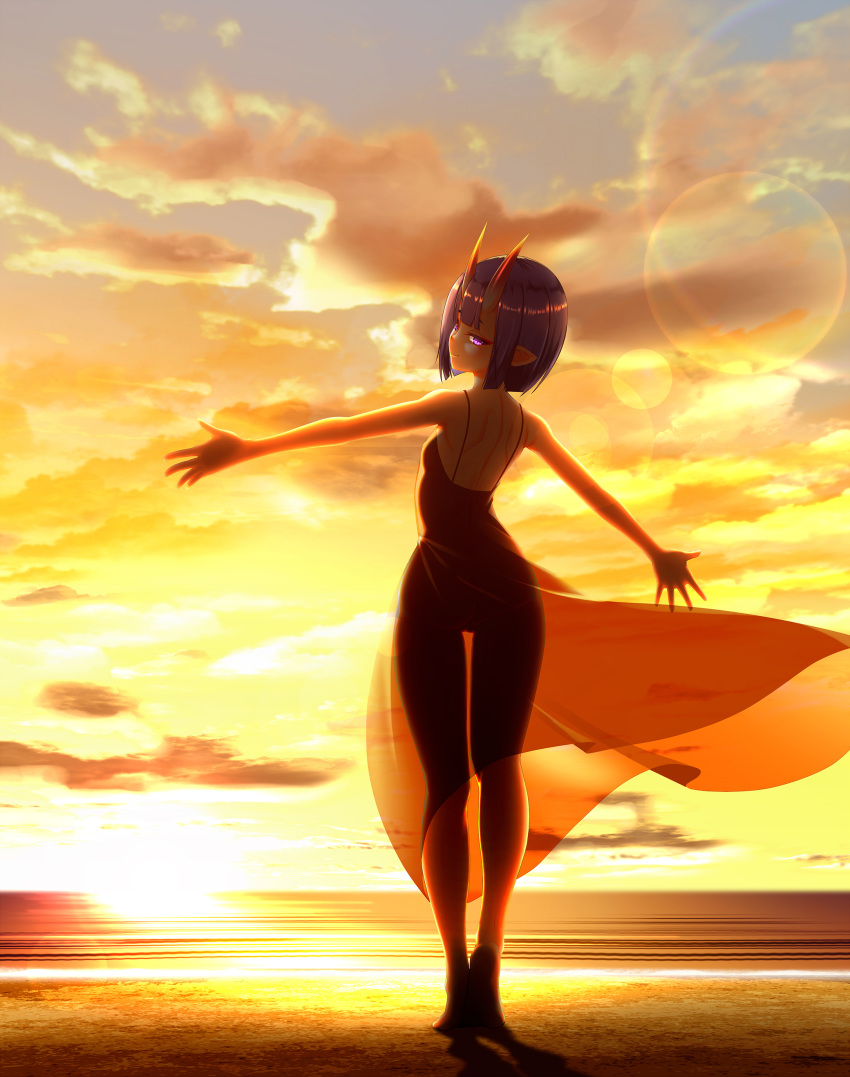 1girl absurdres ass back bangs bare_shoulders beach bob_cut breasts closed_mouth dress eyeliner fate/grand_order fate_(series) full_body gradient_sky highres horizon horns legs lens_flare looking_at_viewer looking_back makeup ocean oni oni_horns orange_sky otomix pointy_ears purple_hair see-through see-through_silhouette shore short_hair shuten_douji_(fate/grand_order) skin-covered_horns sky small_breasts smile sunset twilight violet_eyes