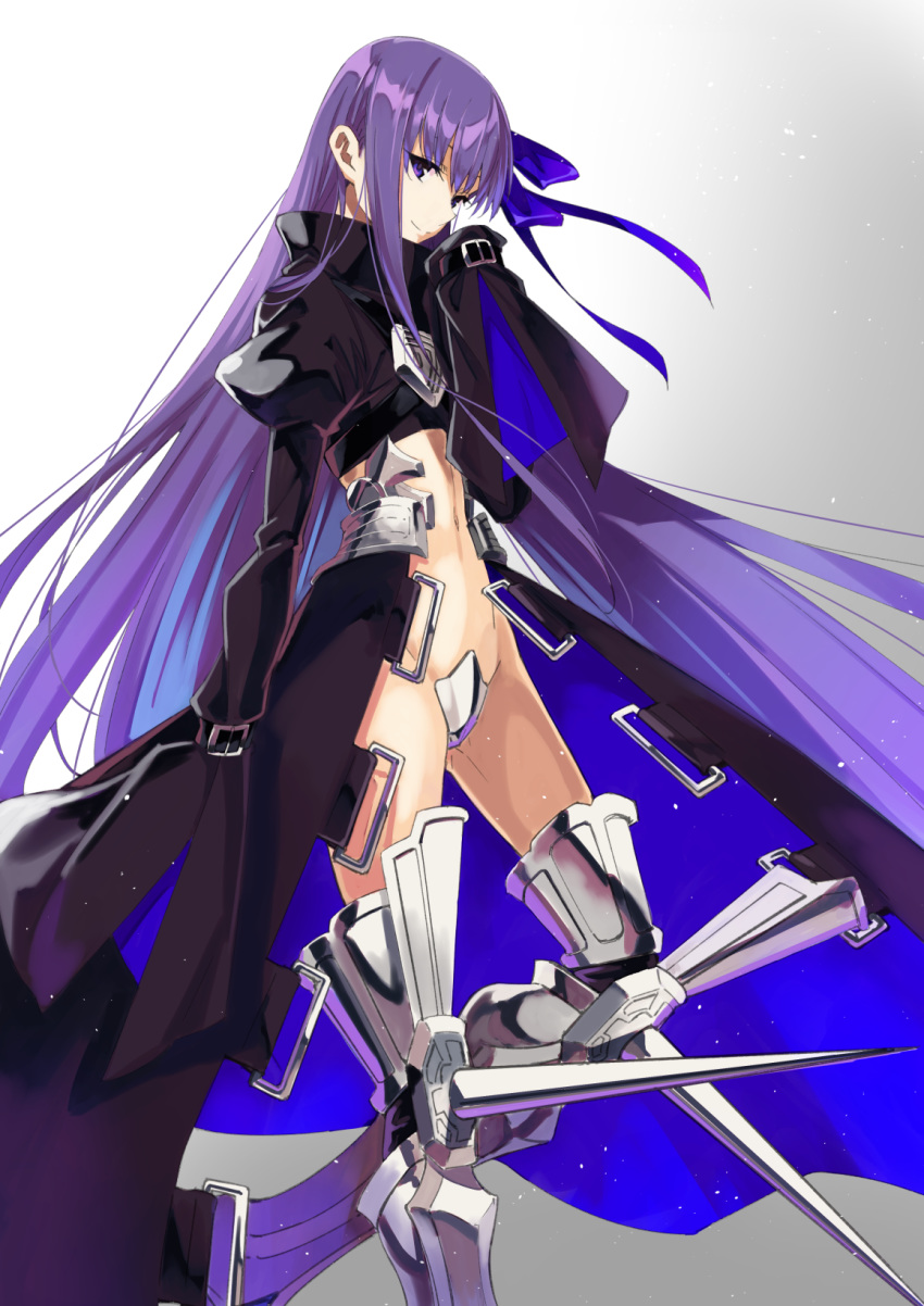 1girl armored_boots ayanon bangs black_jacket blue_eyes blue_ribbon blush boots breasts closed_mouth cropped_jacket crotch_plate fate/extra fate/extra_ccc fate_(series) gradient gradient_background grey_background hair_ribbon highres jacket long_hair long_sleeves looking_at_viewer meltryllis navel prosthesis prosthetic_leg purple_hair ribbon sleeves_past_fingers sleeves_past_wrists small_breasts smile very_long_hair
