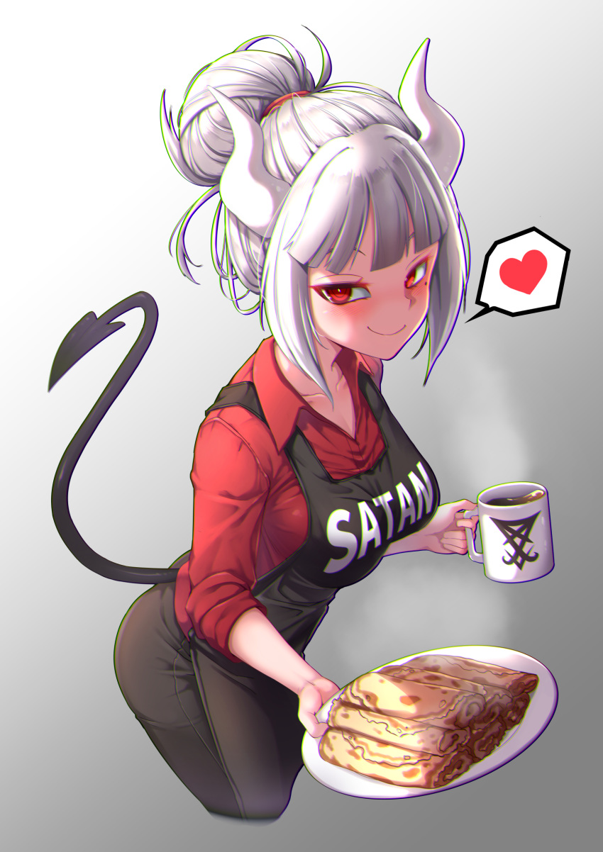 1girl apron bangs black_apron black_pants blush breasts closed_mouth clothes_writing coffee coffee_mug collared_shirt commentary_request cropped_legs cup curled_horns demon_girl demon_horns demon_tail eyebrows_behind_hair food gradient gradient_background grey_background hair_bun heart helltaker highres holding holding_cup holding_plate horns long_sleeves looking_at_viewer lucifer_(helltaker) medium_breasts mole mole_under_eye mug pancake pants plate red_eyes red_shirt shirt silver_hair smile solo spoken_heart steam tail tail_raised white_background yaosera