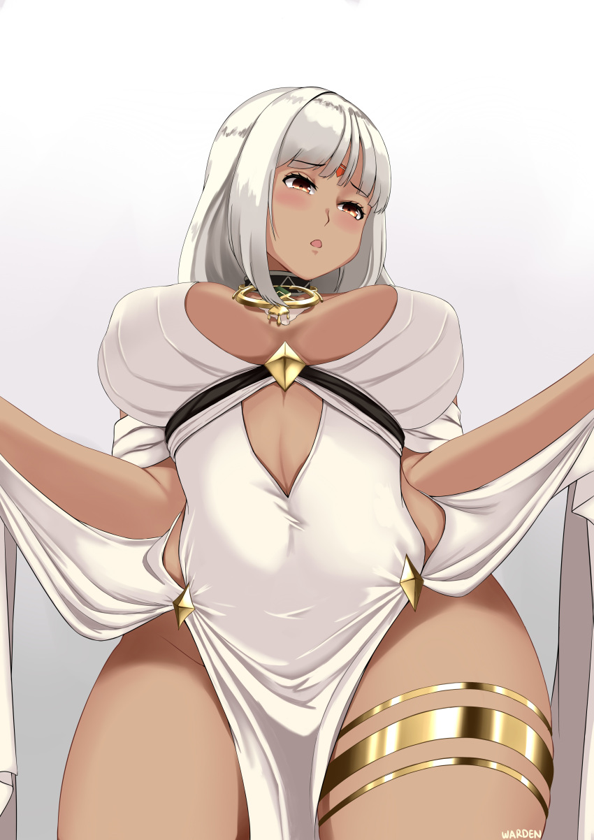 1girl absurdres artist_name azur_lane blush body_markings breasts center_opening cocktail_dress cowboy_shot dress evening_gown eyebrows_visible_through_hair facial_mark forehead_mark from_below halter_dress highres large_breasts long_hair massachusetts_(azur_lane) massachusetts_(dressed_to_impress)_(azur_lane) native_american no_panties solo thighlet warden_(jadol_9) white_hair