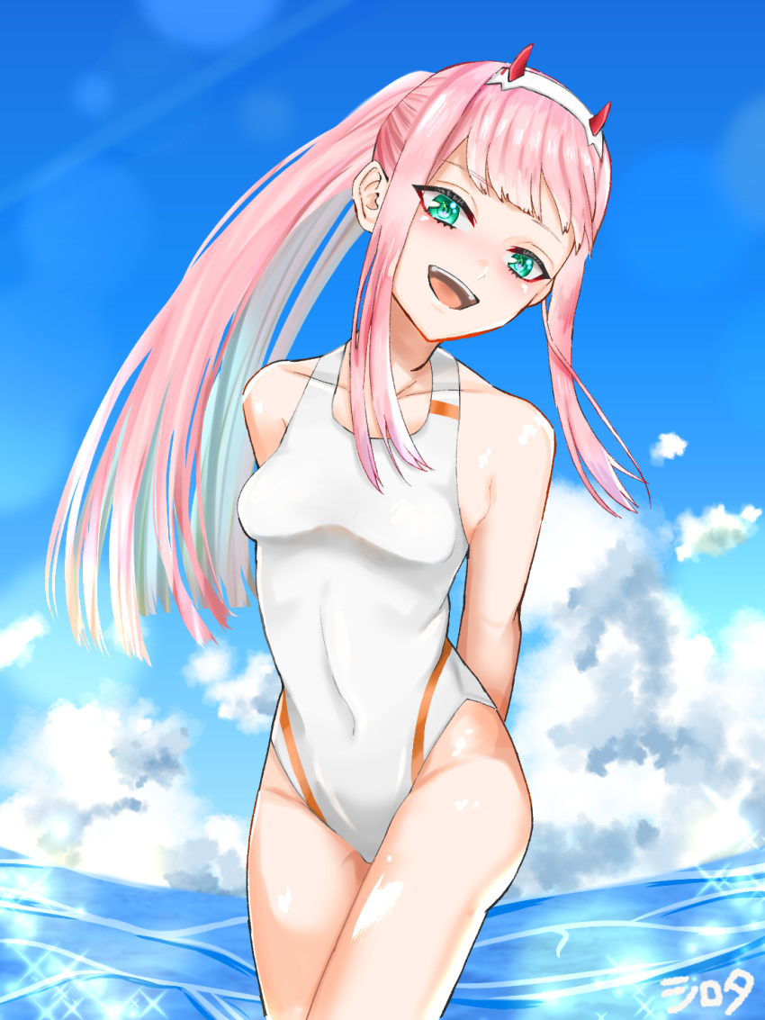 1girl arms_behind_back blue_sky breasts clouds collarbone commentary_request competition_swimsuit cowboy_shot darling_in_the_franxx day green_eyes hairband highres horns long_hair looking_at_viewer medium_breasts ocean one-piece_swimsuit oni_horns open_mouth outdoors pink_hair ponytail red_horns shirota_(shirota1117) sky smile solo swimsuit upper_teeth white_hairband white_swimsuit zero_two_(darling_in_the_franxx)