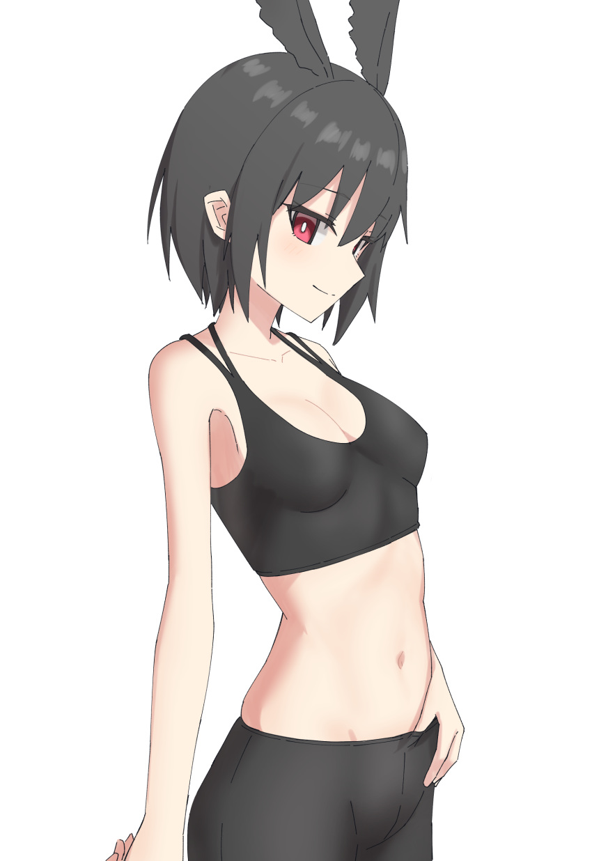 1girl absurdres bangs bare_shoulders black_bra black_hair black_pants bra breasts collarbone elfenlied22 fate/grand_order fate_(series) head_wings highres looking_at_viewer medium_breasts navel ortlinde_(fate/grand_order) pants red_eyes short_hair simple_background smile sports_bra tight tight_pants underwear valkyrie_(fate/grand_order) yoga_pants