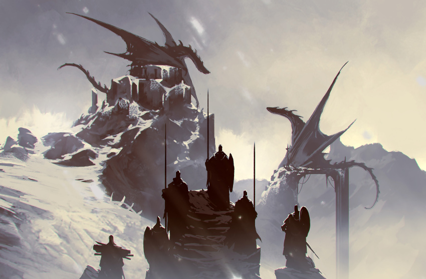 6+others absurdres ambiguous_gender bridge castle dragon grey_sky highres holding holding_polearm holding_shield holding_weapon kalmahul looking_at_another mountain multiple_others original polearm robe scenery shield snow spear stairs standing weapon wings wyvern