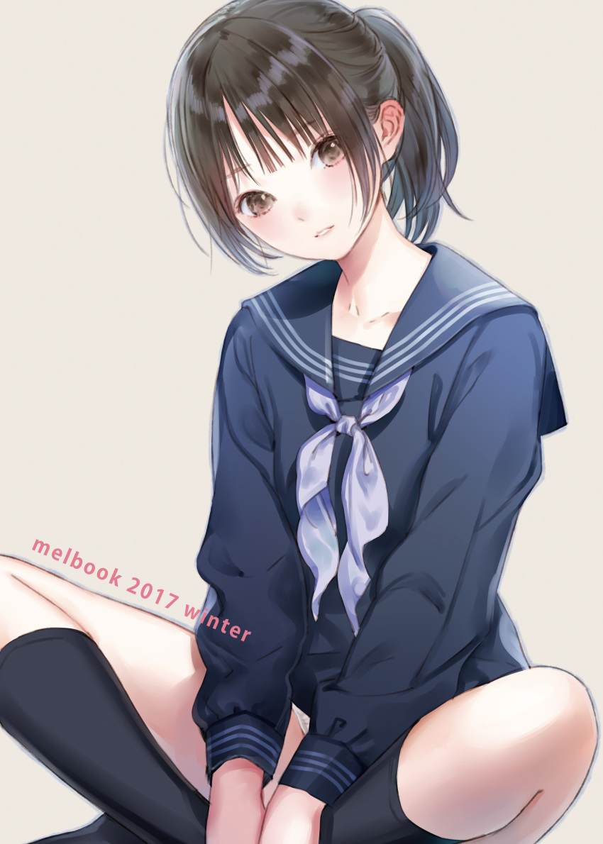 1girl 2017 absurdres bangs beige_background black_blouse black_legwear black_serafuku blouse blunt_bangs highres indian_style kishida_mel kneehighs long_sleeves looking_at_viewer neckerchief original panties ponytail sailor_collar school_uniform serafuku short_hair sitting solo underwear white_neckwear white_panties