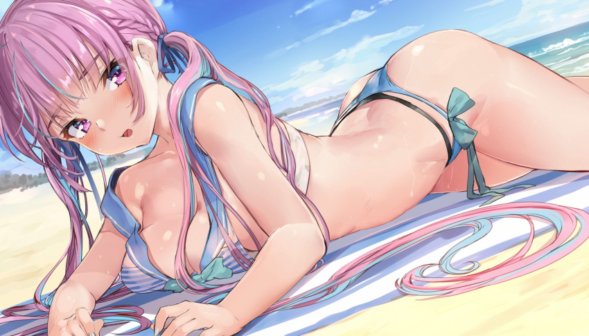 1girl akasaai ass beach_mat bikini black_bikini blue_bikini blue_sky blush breasts dutch_angle highres hololive horizon layered_bikini lying minato_aqua on_stomach open_mouth purple_hair sailor_collar side-tie_bikini sky swimsuit violet_eyes virtual_youtuber