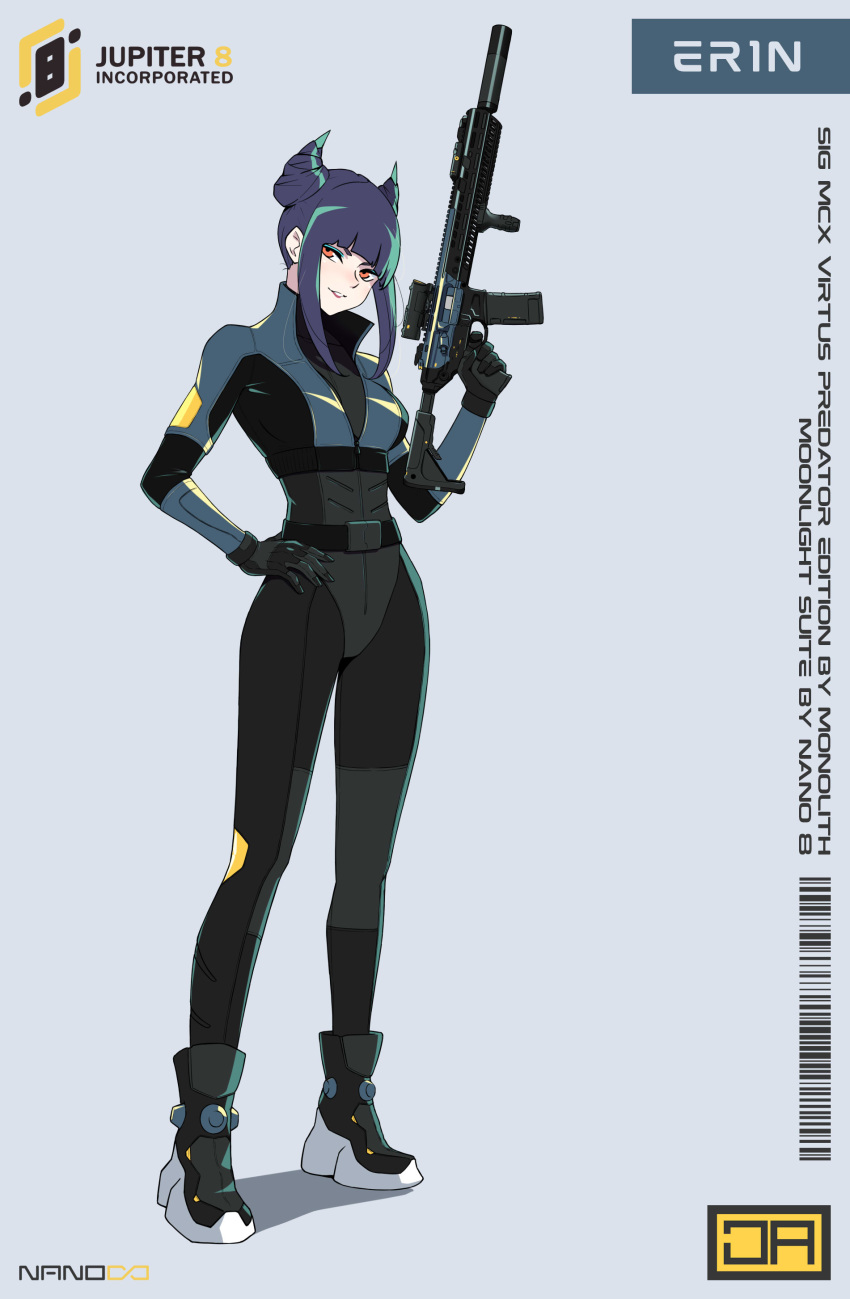 1girl absurdres assault_rifle bodysuit character_name erin_regan finger_on_trigger full_body grey_background gun hand_on_hip highres holding holding_gun holding_weapon j_adsen logo looking_at_viewer multicolored_hair original purple_hair red_eyes rifle short_hair smile solo standing streaked_hair weapon
