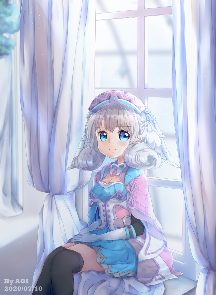 1girl aoi_(pixiv2498037) artist_name bangs black_legwear blue_dress blurry blurry_background blush cape closed_mouth commentary_request curtains dated depth_of_field dress elbow_gloves eyebrows_visible_through_hair feet_out_of_frame gloves hands_on_lap hat highres indoors long_sleeves looking_at_viewer melia pink_cape pleated_dress silver_hair sitting smile solo thigh-highs white_gloves window xenoblade_(series) xenoblade_1
