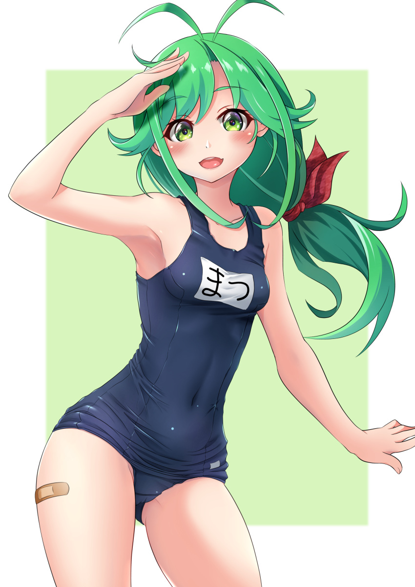 1girl absurdres alternate_costume antenna_hair bandaid bandaid_on_leg blush breasts covered_navel eyebrows_visible_through_hair fang green_background green_eyes green_hair hair_ornament hair_ribbon highres kantai_collection long_hair looking_at_viewer makura_(user_jpmm5733) matsu_(kantai_collection) name_tag one-piece_swimsuit open_mouth pine_tree ribbon salute school_swimsuit skin_fang small_breasts smile solo swimsuit thighs tree two-tone_background white_background