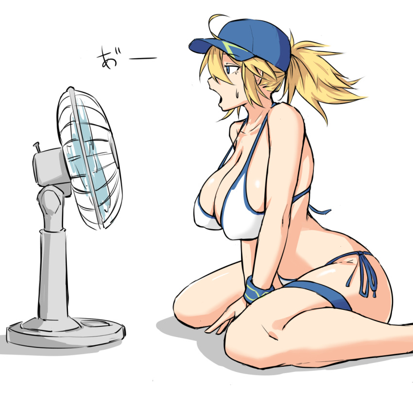 1girl ahoge artoria_pendragon_(all) bare_shoulders baseball_cap between_legs bikini blonde_hair blue_eyes blue_headwear breasts electric_fan fate/grand_order fate_(series) feet_out_of_frame hair_between_eyes hair_through_headwear hand_between_legs hat large_breasts mysterious_heroine_xx_(foreigner) nia_i open_mouth ponytail side-tie_bikini solo sweatdrop swimsuit thigh_strap white_background white_bikini wristband
