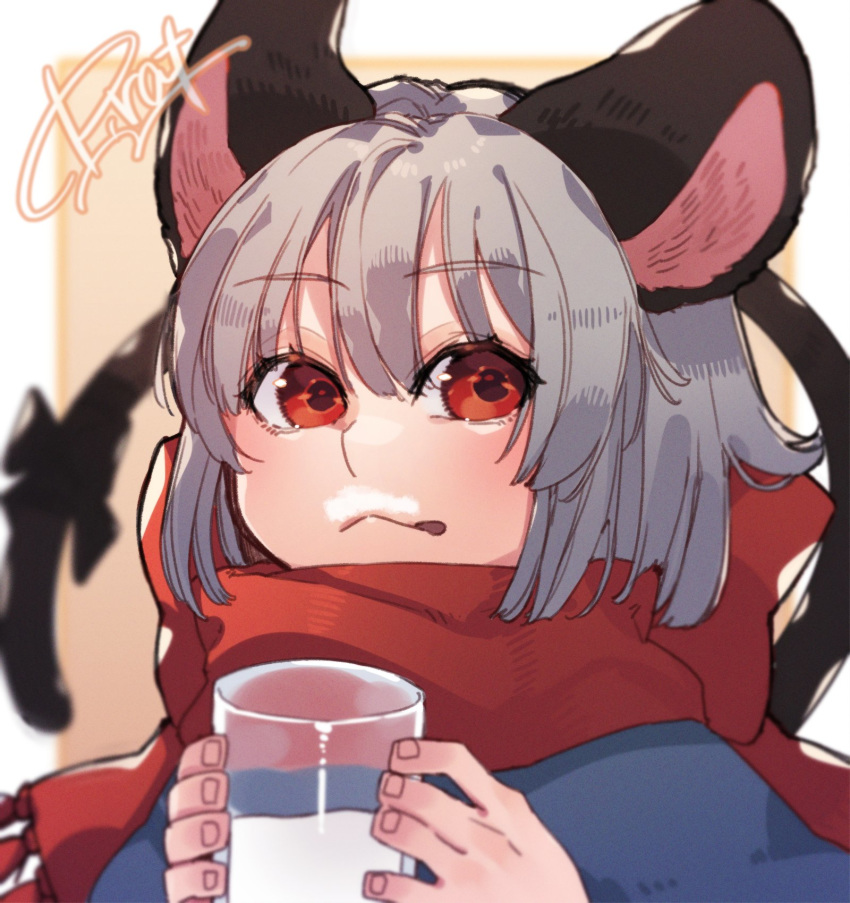 1girl :q animal_ears bangs black_bow bow capelet commentary_request cup glass grey_hair highres holding holding_cup looking_at_viewer milk milk_mustache mouse_ears mouse_tail nazrin prat_rat red_eyes red_scarf scarf scarf_bow short_hair signature solo tail tail_bow tongue tongue_out touhou upper_body yellow_background