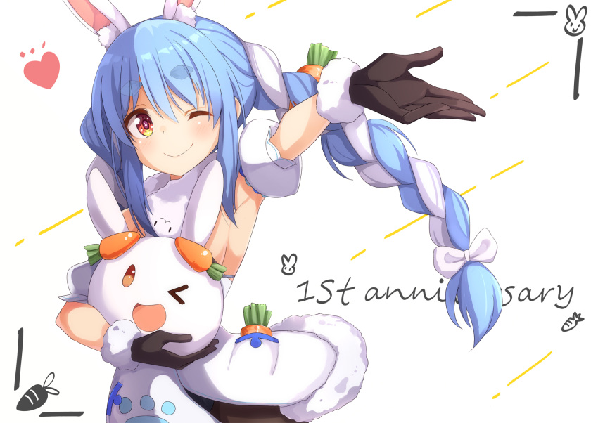 1girl ;) ame. animal_ear_fluff animal_ears anniversary arm_up armpits bangs black_gloves blue_hair blush bow braid brown_eyes brown_legwear carrot_hair_ornament closed_mouth commentary_request detached_sleeves don-chan_(hololive) dress eyebrows_visible_through_hair food_themed_hair_ornament fur-trimmed_dress fur-trimmed_gloves fur_trim gloves hair_between_eyes hair_bow hair_ornament heart highres hololive long_hair multicolored_hair one_eye_closed pantyhose puffy_short_sleeves puffy_sleeves rabbit_ears short_eyebrows short_sleeves smile thick_eyebrows twin_braids twintails two-tone_hair usada_pekora very_long_hair virtual_youtuber white_background white_bow white_dress white_hair white_sleeves